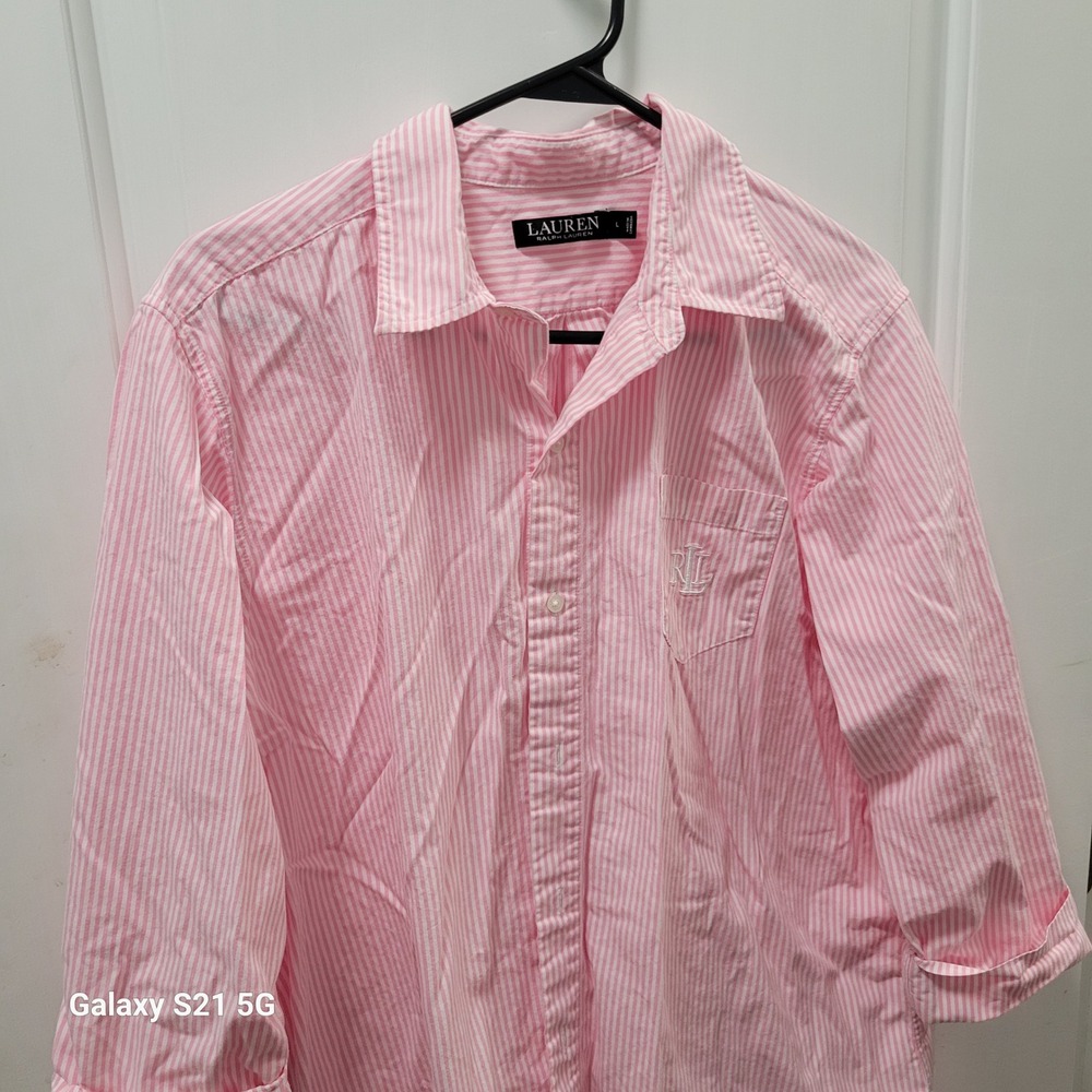 Lauren Ralph Lauren Pink White Striped Cotton Button Down Night Shirt Size Large